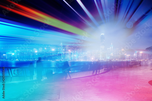 Abstract colorful circular bokeh with city background. Double exposure