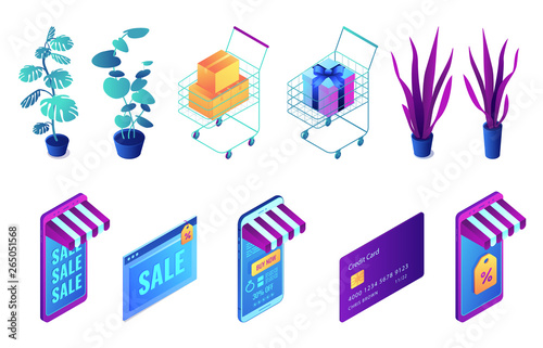 Online shopping and plants isometric 3D illustration set. Smartphone shopping app and sale, shopping cart with boxes and credit card, mobile phone and buy now concept. Isolated on white background.