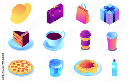 Fast food and drink, desert and shopping isometric 3D illustration set. Hat and suitcase, shopping bag and gift box, lunch and quickly served food concept. Isolated on white background.