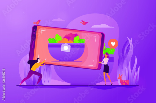 Tiny people bloggers with huge smartphone trying to take a photo of prepared dish for blog. Food blogging, food hunter review, foodie blog concept. Vector isolated concept creative illustration.