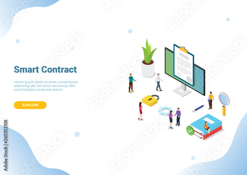 isometric electronic digital contract concept for website template landing homepage banner with modern style - vector