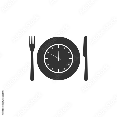Plate with clock, fork and knife icon isolated. Lunch time. Eating, nutrition regime, meal time and diet concept. Flat design. Vector Illustration