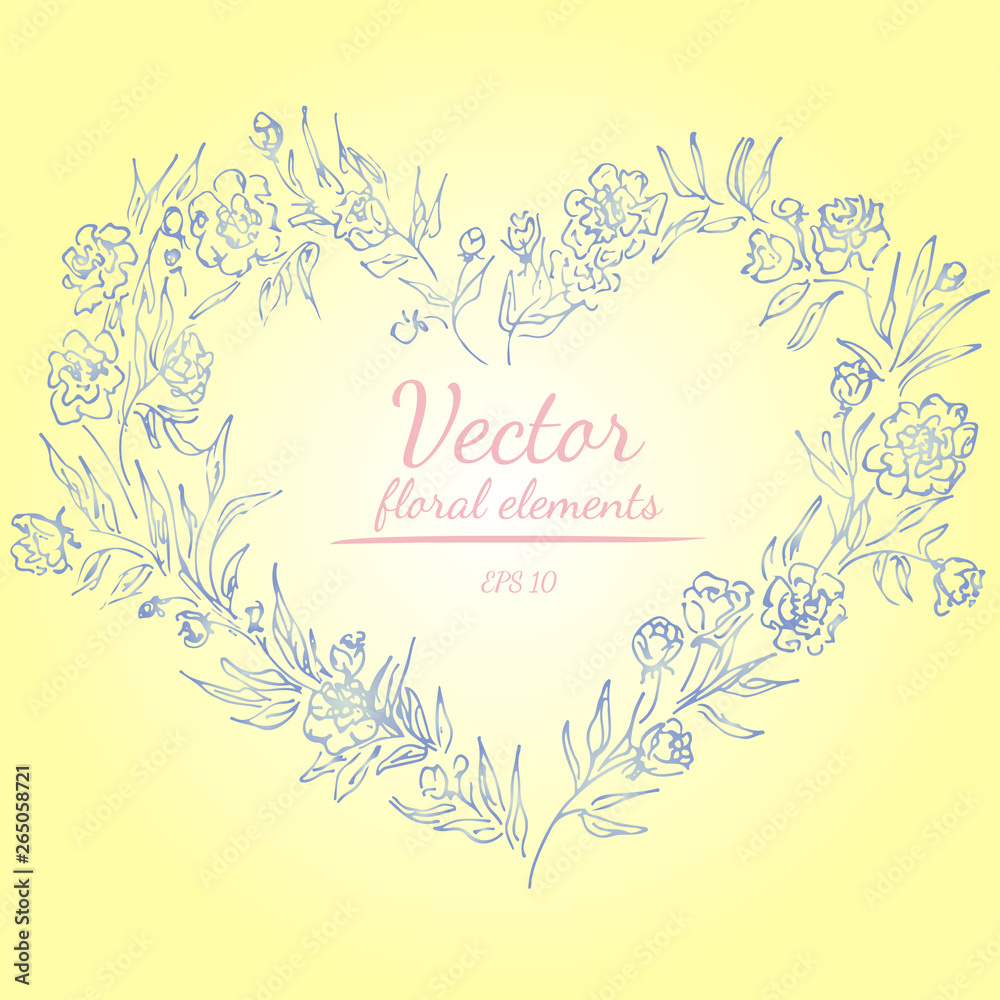 Wreath of roses or peonies flowers with shalimar, lemon, polo blue, azalea and white nectar colors. Floral frame design elements for invitations and greeting cards. Hand drawn. Line art. Sketch.