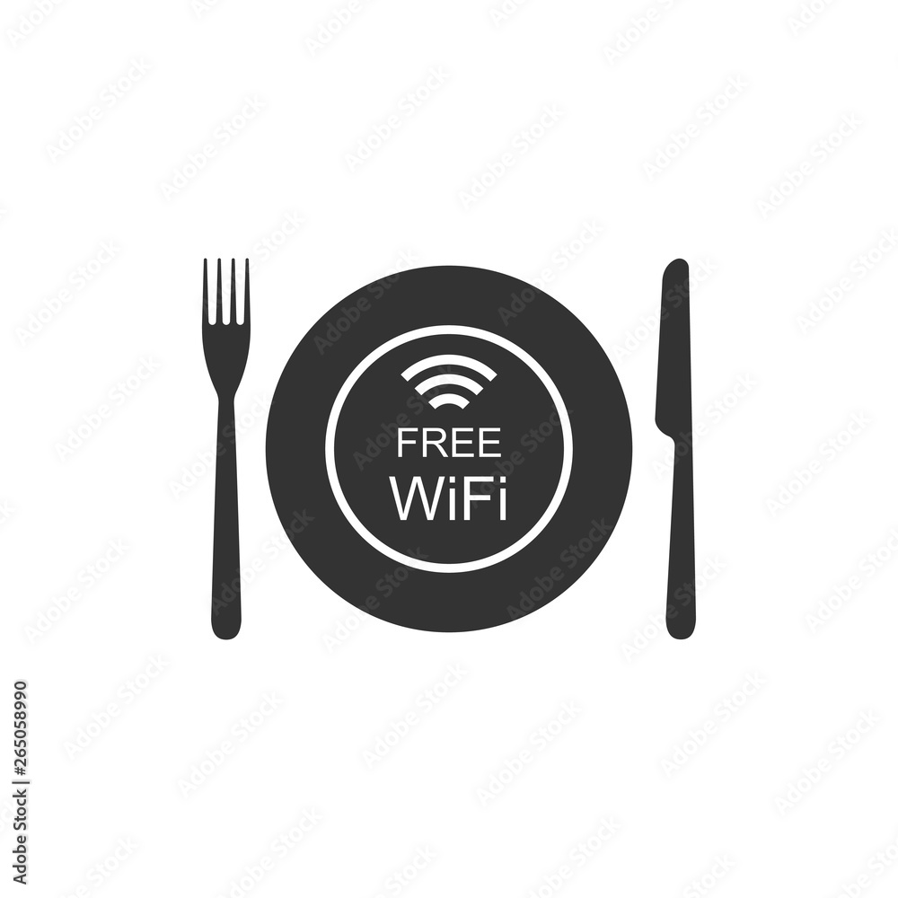 Restaurant Free Wi-Fi zone icon isolated. Plate, fork and knife sign. Flat design. Vector Illustration Restaurant Free Wi-Fi zone icon isolated. Plate, fork and knife sign. Flat design. Vector Illustration