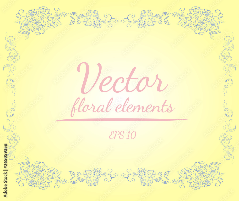 Wreath of roses or peonies flowers with shalimar, lemon, polo blue, azalea and white nectar colors. Floral frame design elements for invitations and greeting cards. Hand drawn. Line art. Sketch.