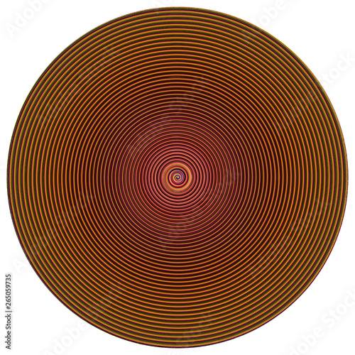 Disc with colorful concentric vortex circles isolated on white