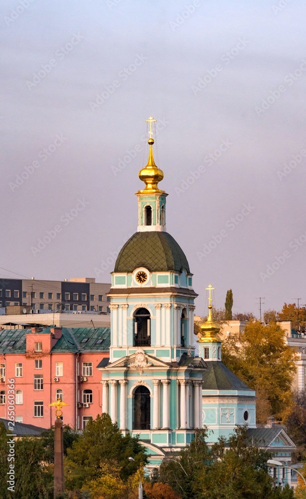 Bell tower of ancient Temple of the Life-Giving Trinity in Serebryaniki, Moscow.