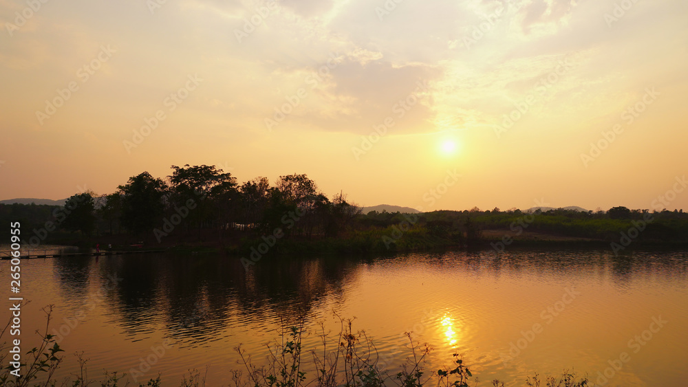 Sunset view in the middle of the valley and the backdrop of the lake