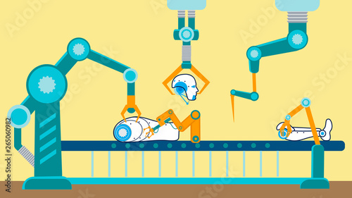 Robot Production Conveyor Flat Vector Illustration