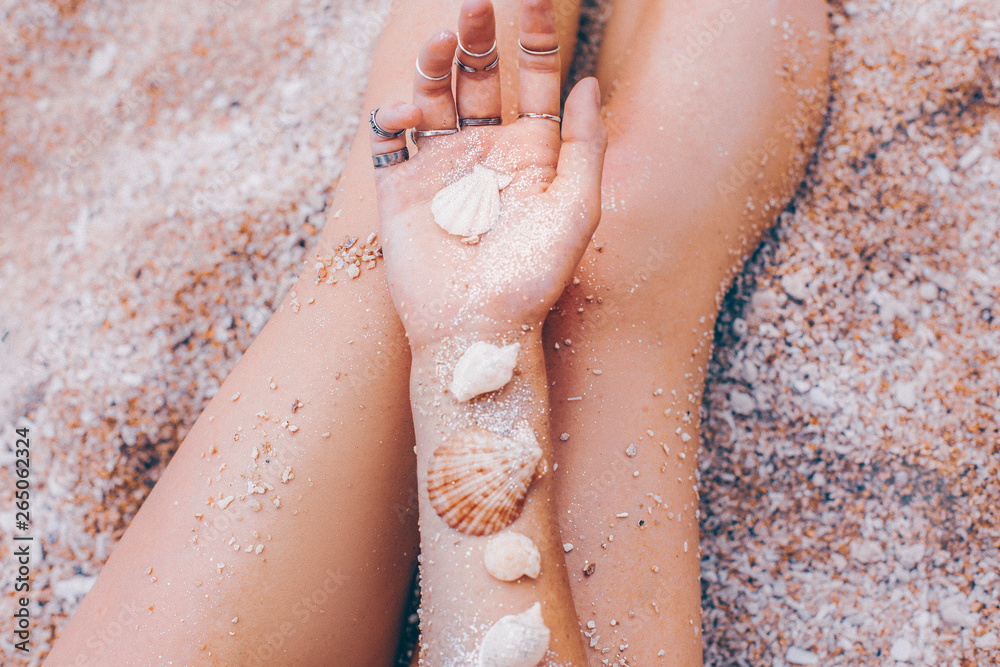 sea shells on woman hand design concept sea shells on woman hand design concept