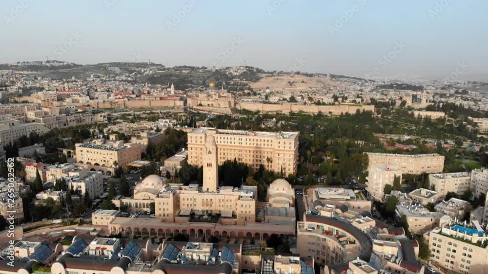 The old City of Jerusalem walls Aerial View Beautiful Aerial Shot of Center and East Jerusalem with the old city walls and the golden Dome of the rock The old City of Jerusalem walls Aerial View Beautiful Aerial Shot of Center and East Jerusalem with the old city walls and the golden Dome of the rock