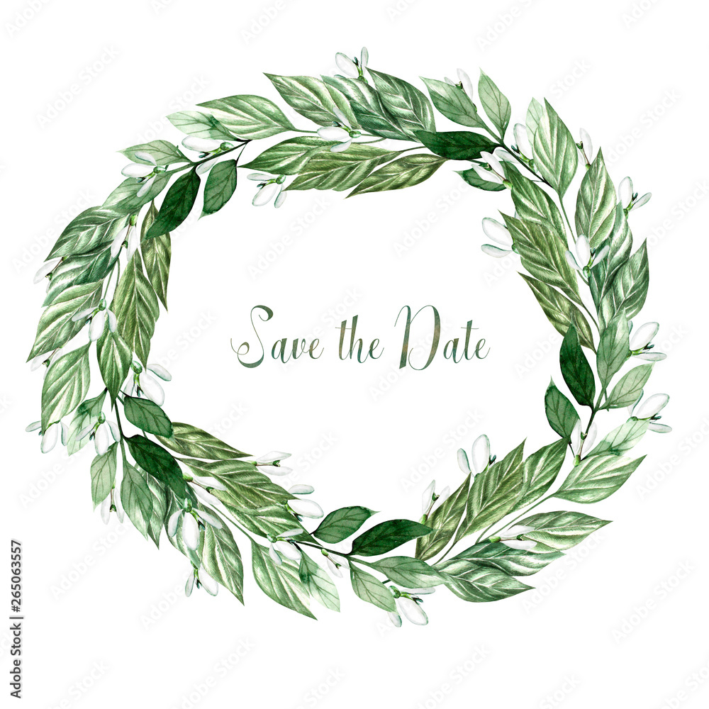Obraz premium Beautiful watercolor wreath with leaves and snowdrops.