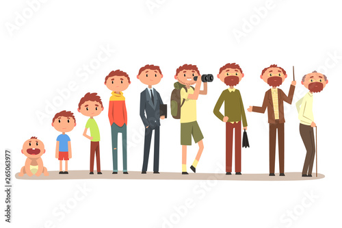 Growing up of a man from infant to grandfather, cycle of life vector Illustration on a white background