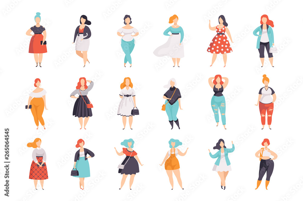 Beautiful plus size women in fashionable clothes set, curvy, overweigh girl pinup model vector Illustrations on a white background