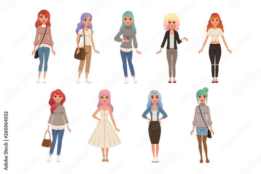 Beautiful young women with long dyed hair set, stylish girls in fashion clothes vector Illustrations on a white background