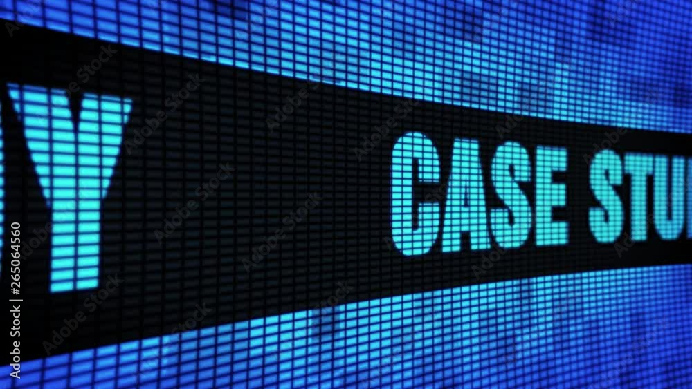 Case Study Side Text Scrolling on Light Blue Digital LED Display Board Pixel Light Screen Looped Animation 4K Background. Sign Board , Blinking Light, Pixel Monitor, LED Wall Pannel