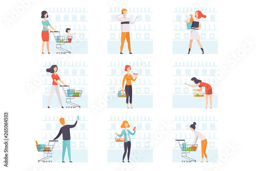 People choosing products, pushing carts at grocery store set, man and woman shopping at supermarket vector Illustration on a white background