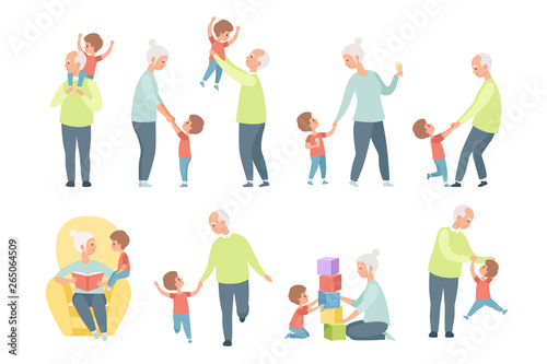 Grandpa and grandma playing, walking and having fun with their grandson set vector Illustrations on a white background