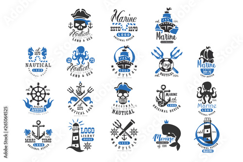 Nautical logo original design set, retro badges for nautical school, sport club, business identity, print products vector Illustration on a white background