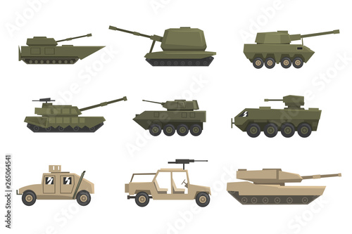 Armored army vehicles set, military heavy, special transport vector Illustrations on a white background