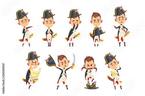 Napoleon Bonaparte cartoon character, French historical figure in different situations vector Illustration on a white background