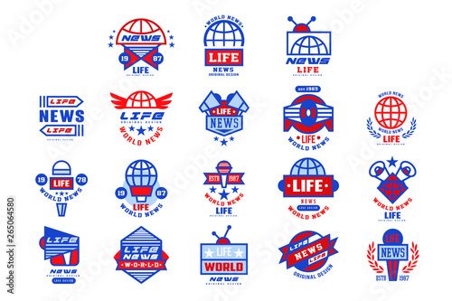 World Life news logo original design set, social mass media emblems, breaking and live news badges vector Illustration on a white background