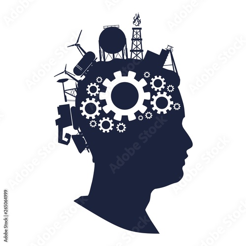 Man avatar profile view. Face silhouette with industrial icons as a hair. Mohawk hairstyle. Portrait with sunglasses. Gears group as a symbol of a brains