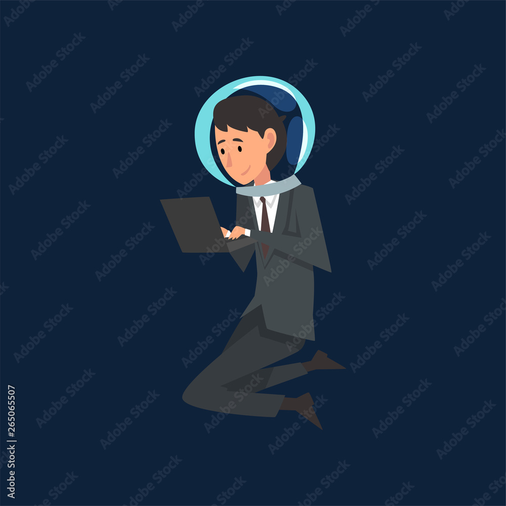 Businessman in Suit and Astronaut Helmet Flying in Outer Space or Internet Space with Laptop Computer, Business Development Strategy, Leadership Vector Illustration Businessman in Suit and Astronaut Helmet Flying in Outer Space or Internet Space with Laptop Computer, Business Development Strategy, Leadership Vector Illustration