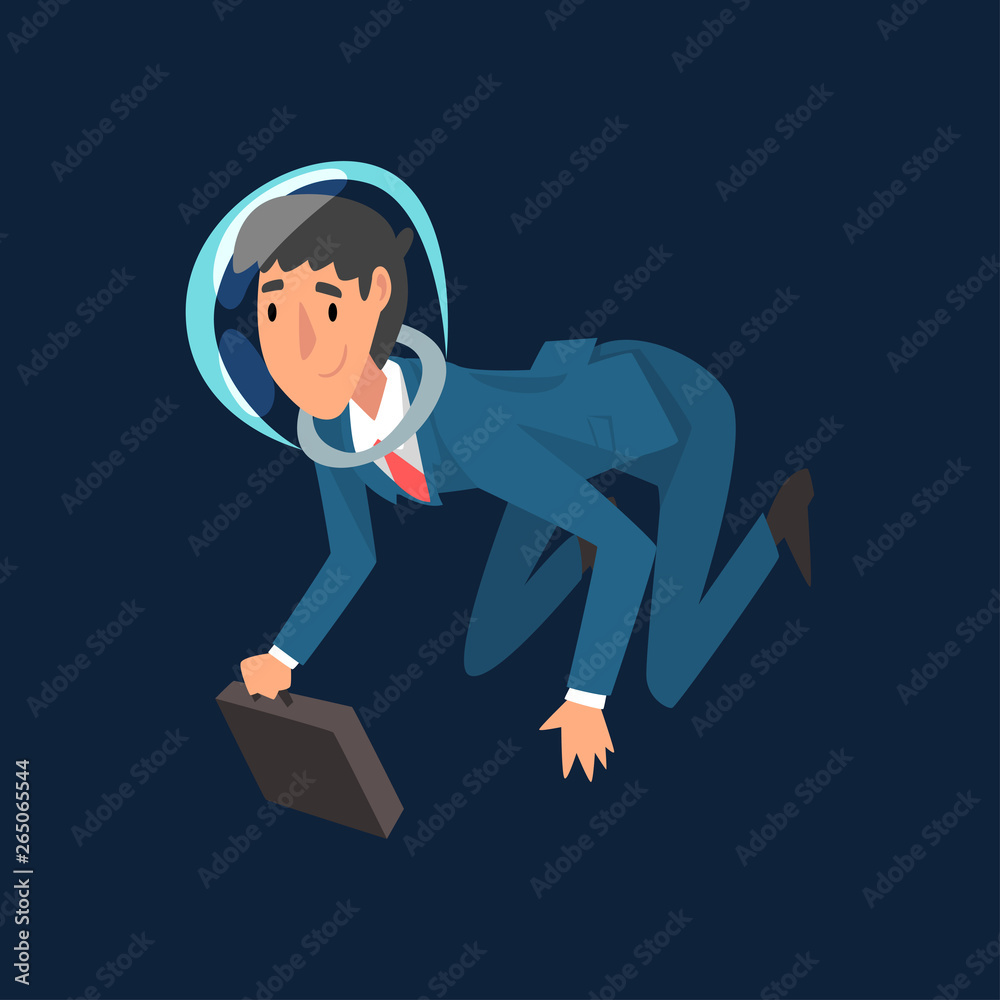 Successful Businessman in Blue Suit and Astronaut Helmet Flying in Outer Space Vector Illustration Successful Businessman in Blue Suit and Astronaut Helmet Flying in Outer Space Vector Illustration