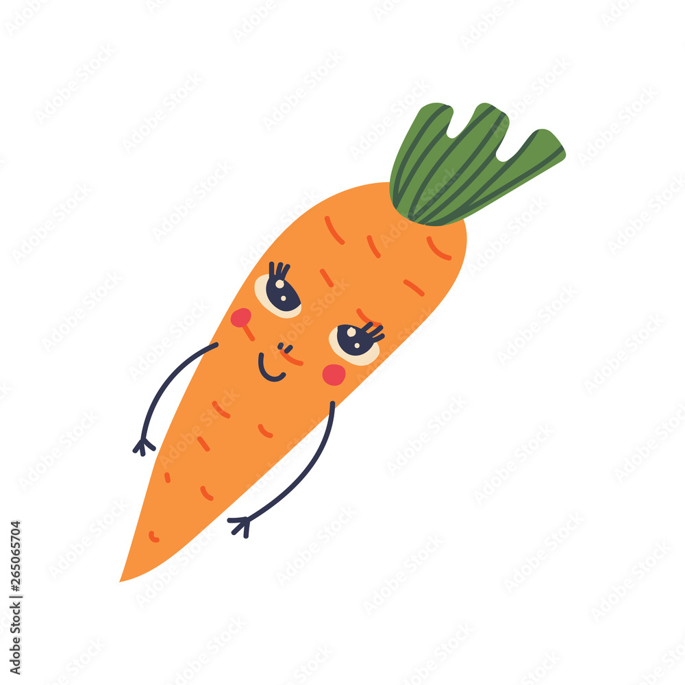 Cute Carrot with Smiling Face, Adorable Funny Vegetable Cartoon Character Vector Illustration Cute Carrot with Smiling Face, Adorable Funny Vegetable Cartoon Character Vector Illustration