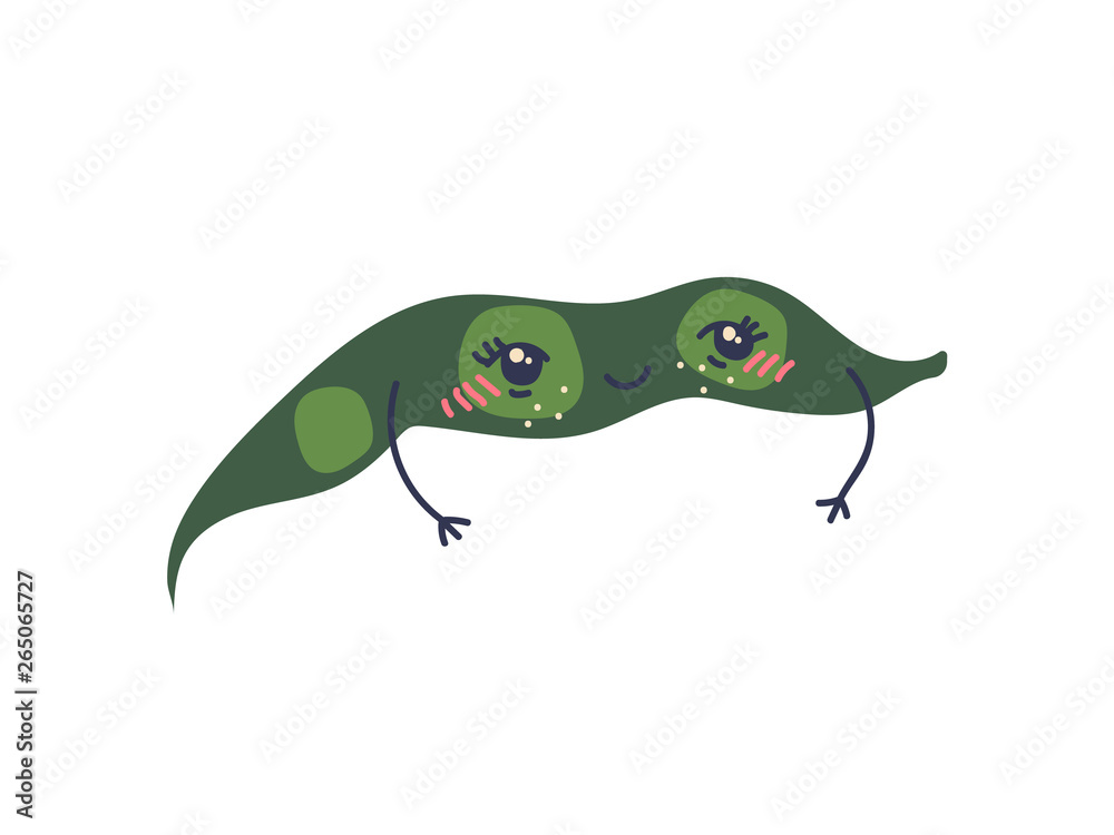 Fototapeta premium Cute Green Bean Pod with Funny Face, Adorable Vegetable Cartoon Character Vector Illustration