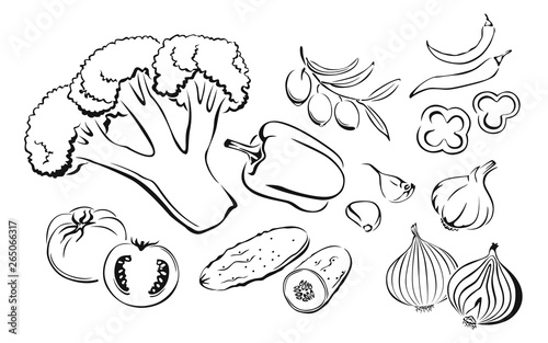 Vegetables. Set of black and white icons. Vector outline cartoon illustration of onions, olives, сauliflower, cucumber, tomato, chili pepper, bell pepper, garlic.