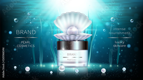 Pearl and algae cosmetics, natural product vector realistic ads poster. Cream jar, shell with precious pearl and seaweed on blue underwater background with air bubbles and rays. Mock up for magazine