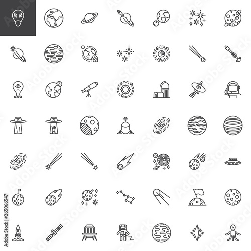 Space line icons set. linear style symbols collection, outline signs pack. vector graphics. Set includes icons as Solar system planets, ufo, comet, meteor, galaxy, black hole, astronaut, space suit