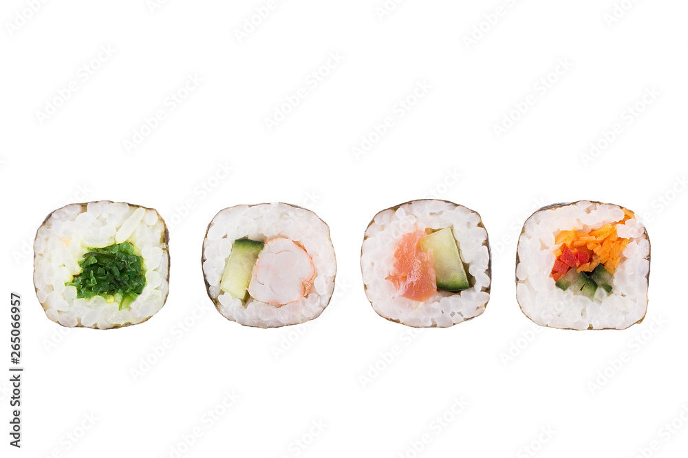 Sushi rolls isolated on white background. Collection. Close-up of delicious japanese food with sushi roll. Sushi rolls isolated on white background. Collection. Close-up of delicious japanese food with sushi roll.