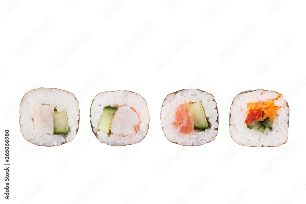 Sushi rolls isolated on white background. Collection. Close-up of delicious japanese food with sushi roll. Sushi rolls isolated on white background. Collection. Close-up of delicious japanese food with sushi roll.