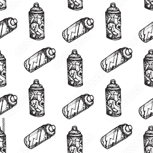 Graffiti spray can vector doodle seamless pattern isolated on white. Aerosol paint in a tank. Hand drawn illustration.