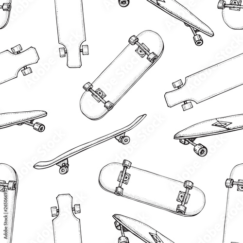 Skateboards seamless pattern. Doodle Longboard, pennyboard. Hand drawn vector background.