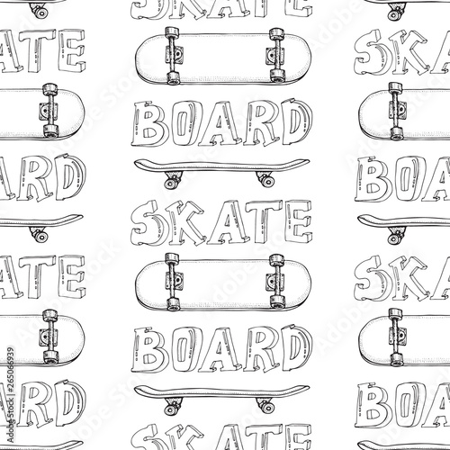 Skateboards seamless pattern. Doodle Longboard, pennyboard. Hand drawn vector background.