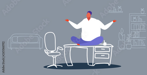fat businessman freelancer sitting lotus pose on table workplace desk obese business man keeping calm yoga meditation concept office interior sketch doodle horizontal