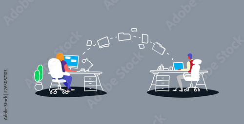 man woman transferring data folders sharing work files colleagues sitting at workplace using cloud network system file transfer concept workspace co-working center sketch doodle horizontal