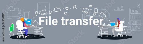 man woman transferring data folders sharing work files colleagues sitting at workplace using cloud network system file transfer concept workspace co-working center sketch doodle horizontal