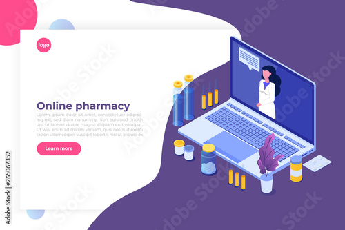 Online pharmacy isometric concept with  medicine pills bottle. Vector illustration