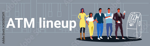 casual people standing in line queue to withdrawing cash in atm automatic teller machine bank clients using credit card sketch doodle horizontal banner