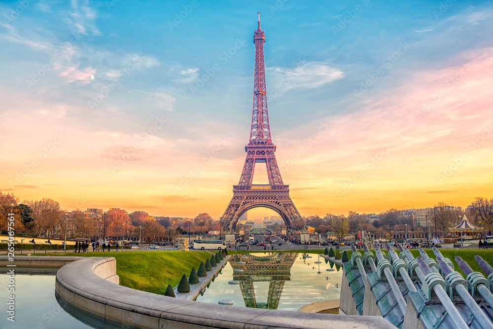 Eiffel Tower At Sunset In Paris France Romantic Travel Background Eiffel Tower At Sunset In Paris France Romantic Travel Background