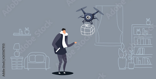 casual man getting parcel gift box from quadcopter express air mail drone delivery concept modern apartment living room interior sketch doodle horizontal
