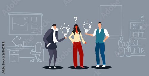 businesspeople holding light bulbs men proposing creative business plan to woman boss choosing idea concept successful teamwork office interior sketch doodle horizontal