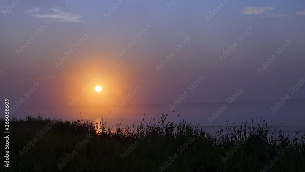 Misty sunrise over the lake in the summer morning