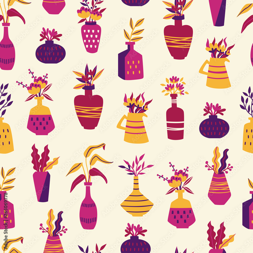 Seamless Pattern with  Different Vases on White Background.