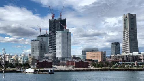 Yokoyama,Japan-Feb 27,2019: Panning view of landmark buildings at the port of Yokoyama, Japan photo